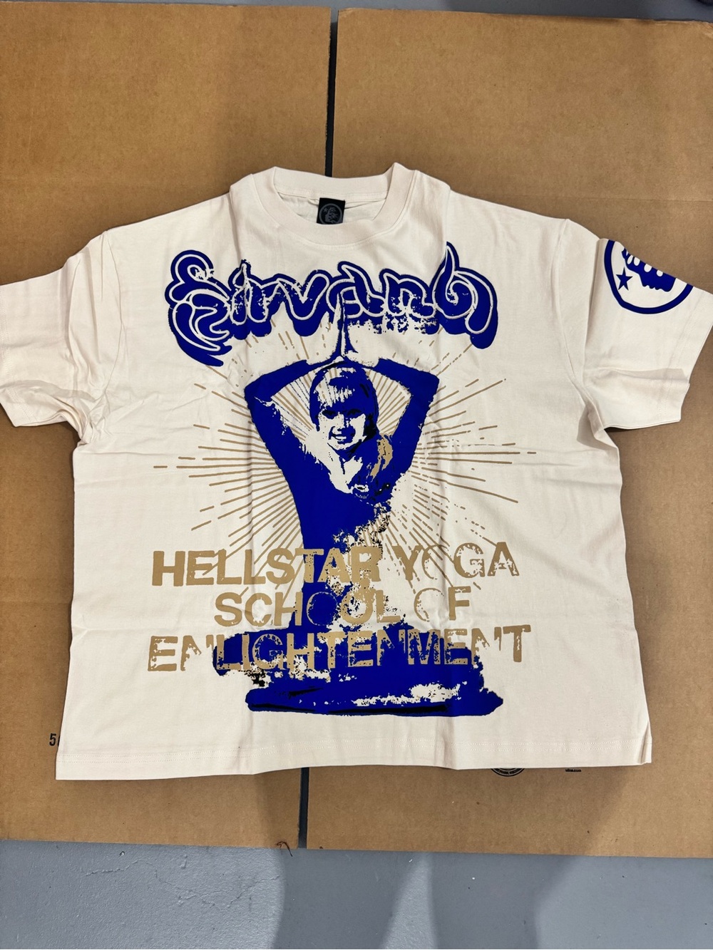Hellstar Yoga School Short Sleeve Tee - Cream & Blue Graphic